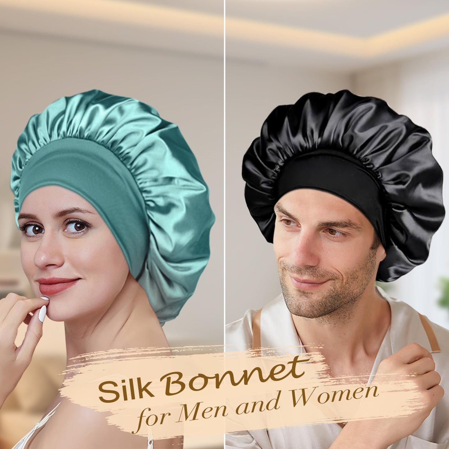 Adubor night sleep cap worn by a model demonstrating curly hair protection overnight