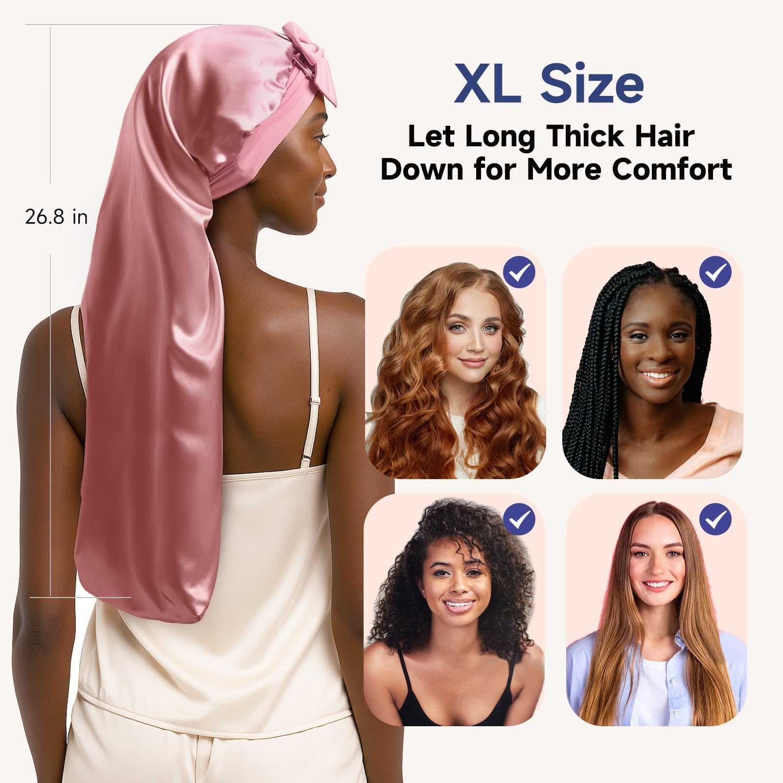 Umisleep extra long hair bonnet laid flat demonstrating the 26.8 inch extended length.
