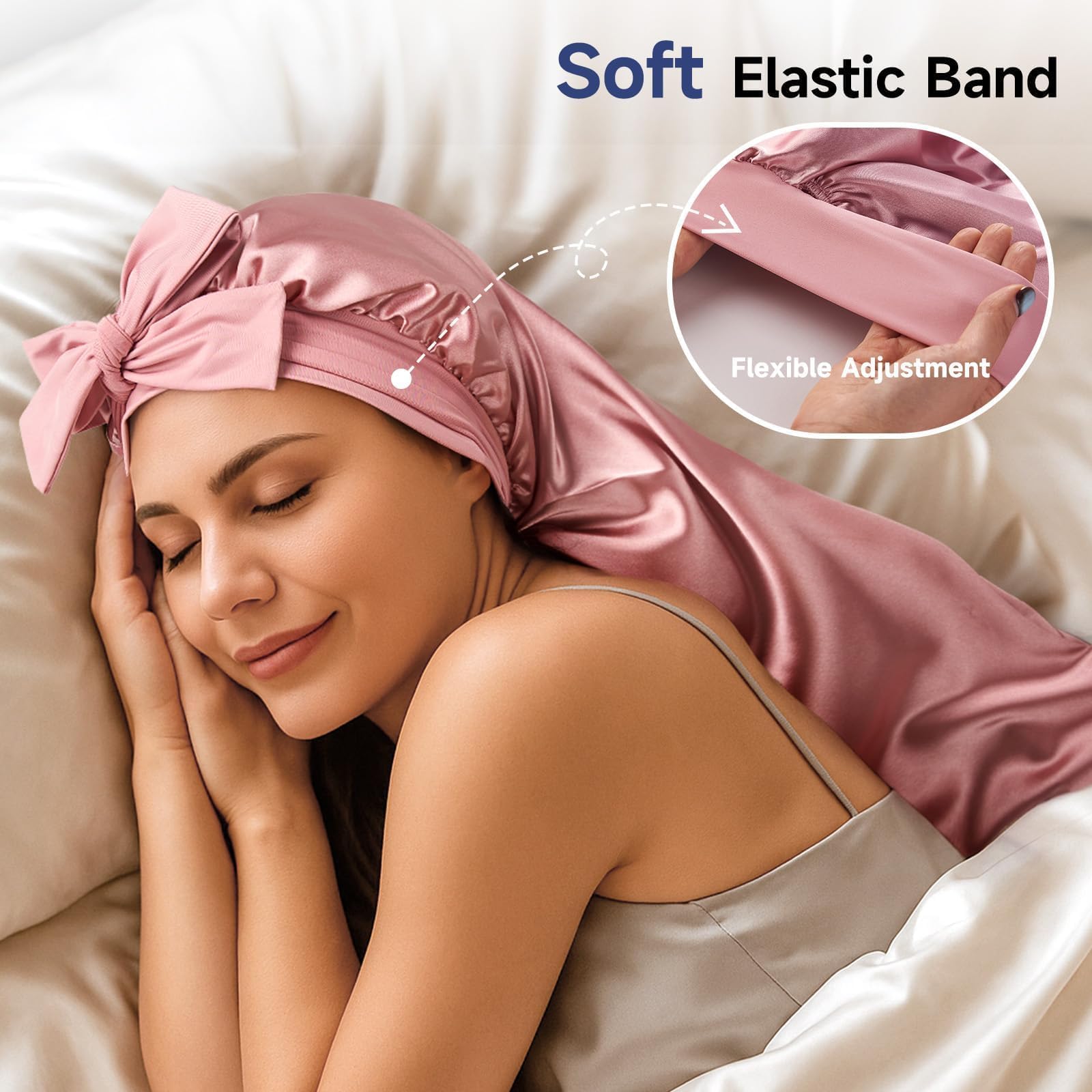 Close up of the soft elastic headband and secure loop details on the pink bonnet.