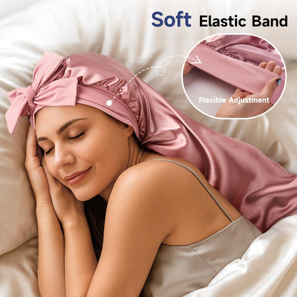 Close up of the soft elastic headband and secure loop details on the pink bonnet.