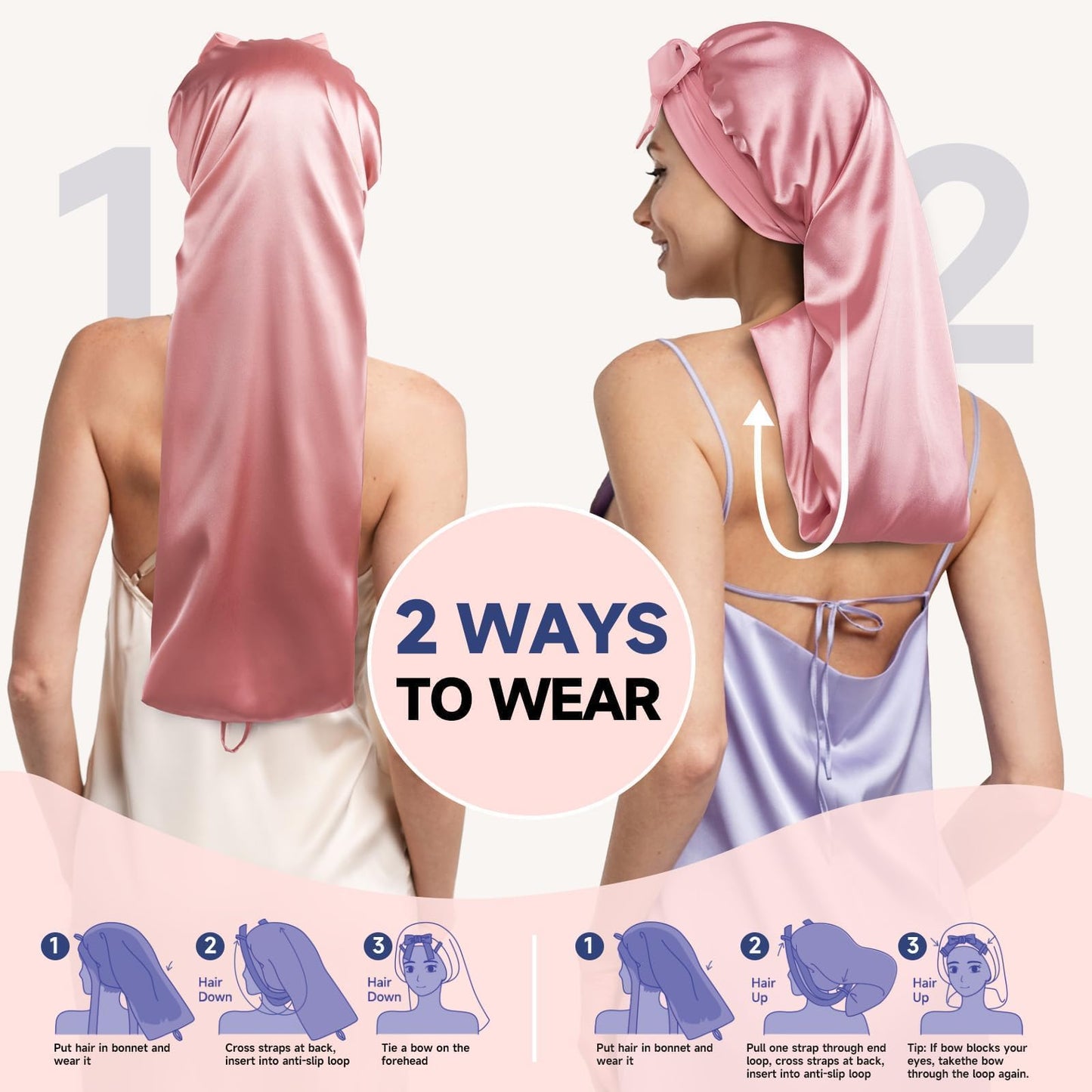 Umisleep silk overnight wrap showing the reversible double fabric design for hair care.