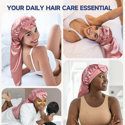 Pink mulberry silk cap for women illustrating the non slip adjustable bow styling.