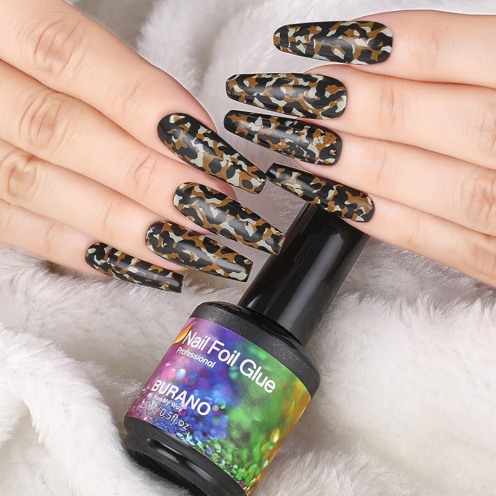 Professional nail art setup with Burano foil glue