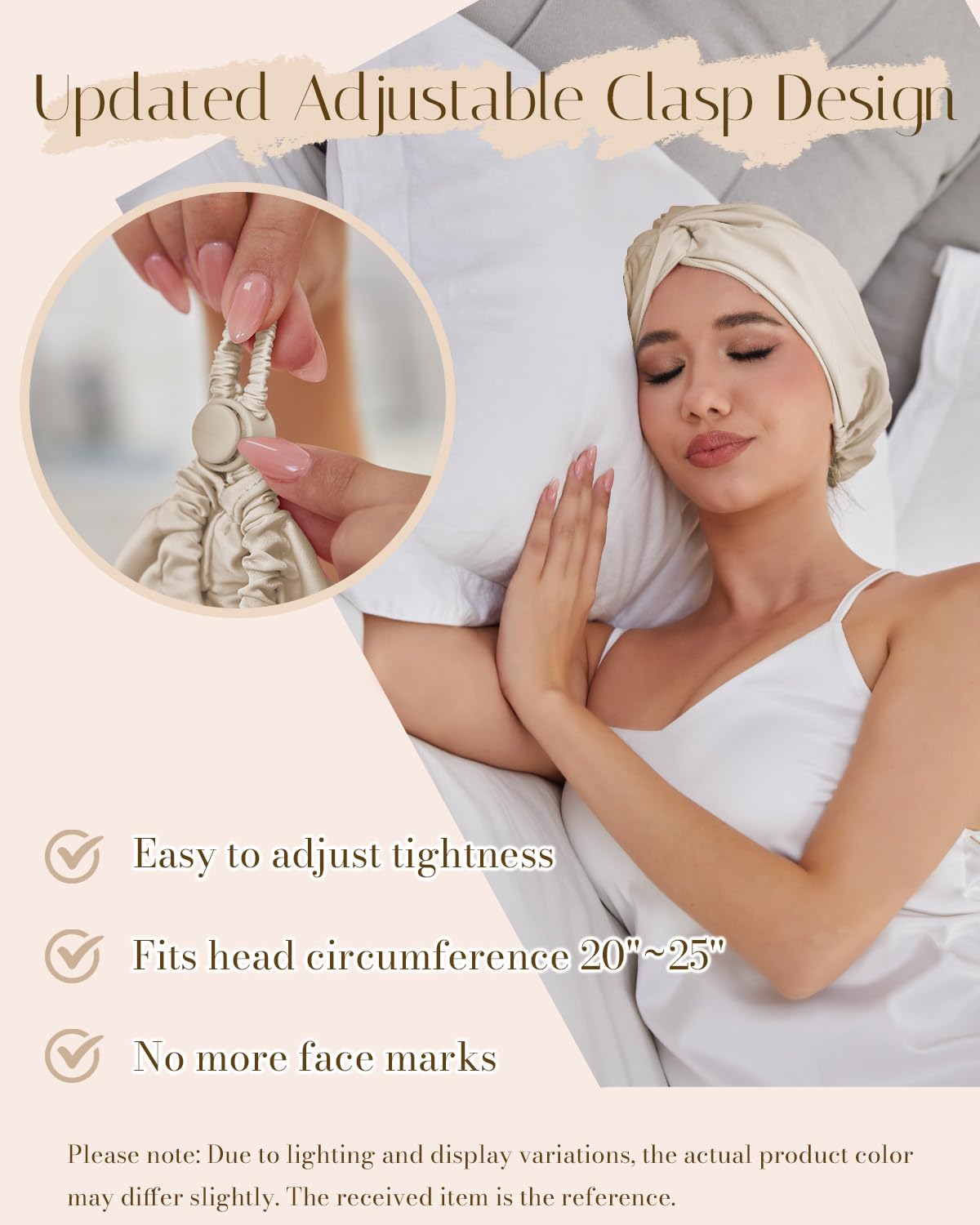 Close up of the adjustable clasp design on the back of the double layer night turban