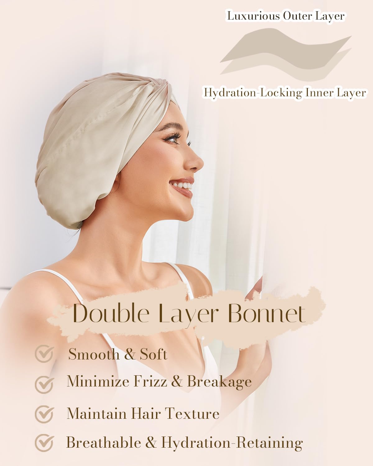 Premium double layer satin material texture of the champagne hair wrap for sleeping women