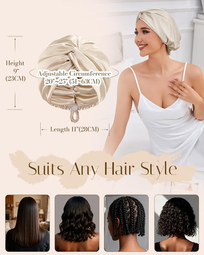 Unisex satin sleep cap packaging view highlighting its hair care benefits for curly hair
