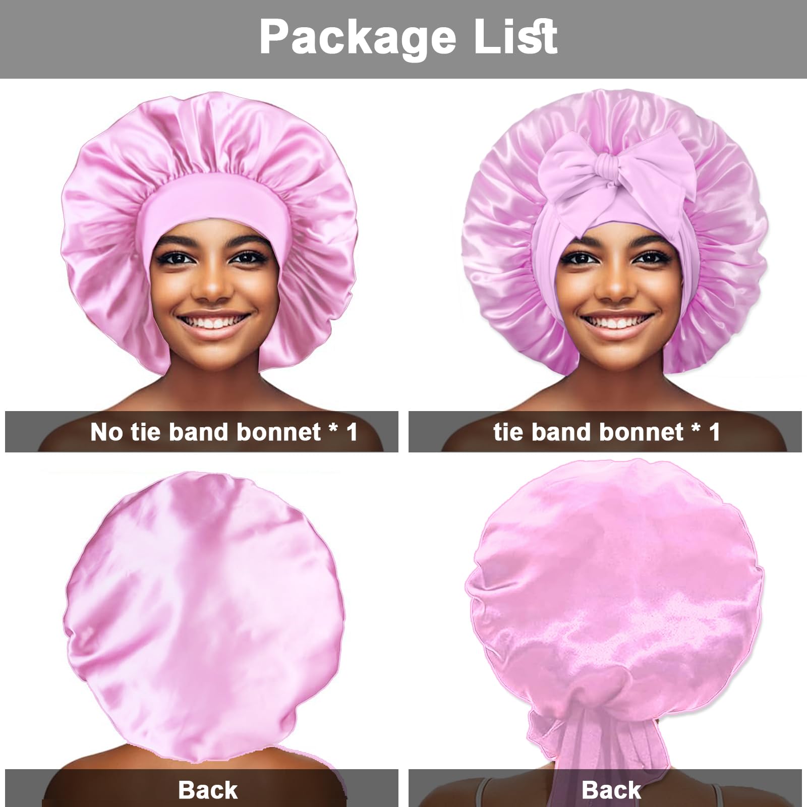 Two pack adjustable satin sleep caps in light pink showcasing wide tie band