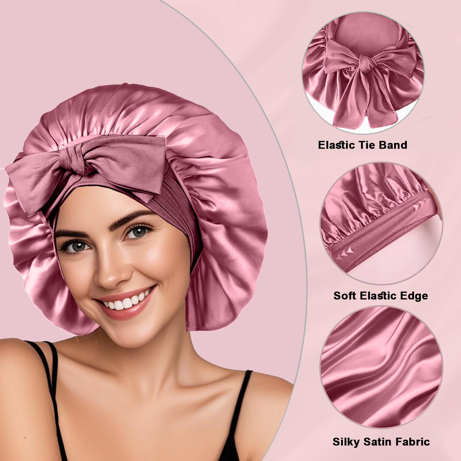 FIRSTPELLA large satin sleep bonnet showing the wide adjustable elastic tie band