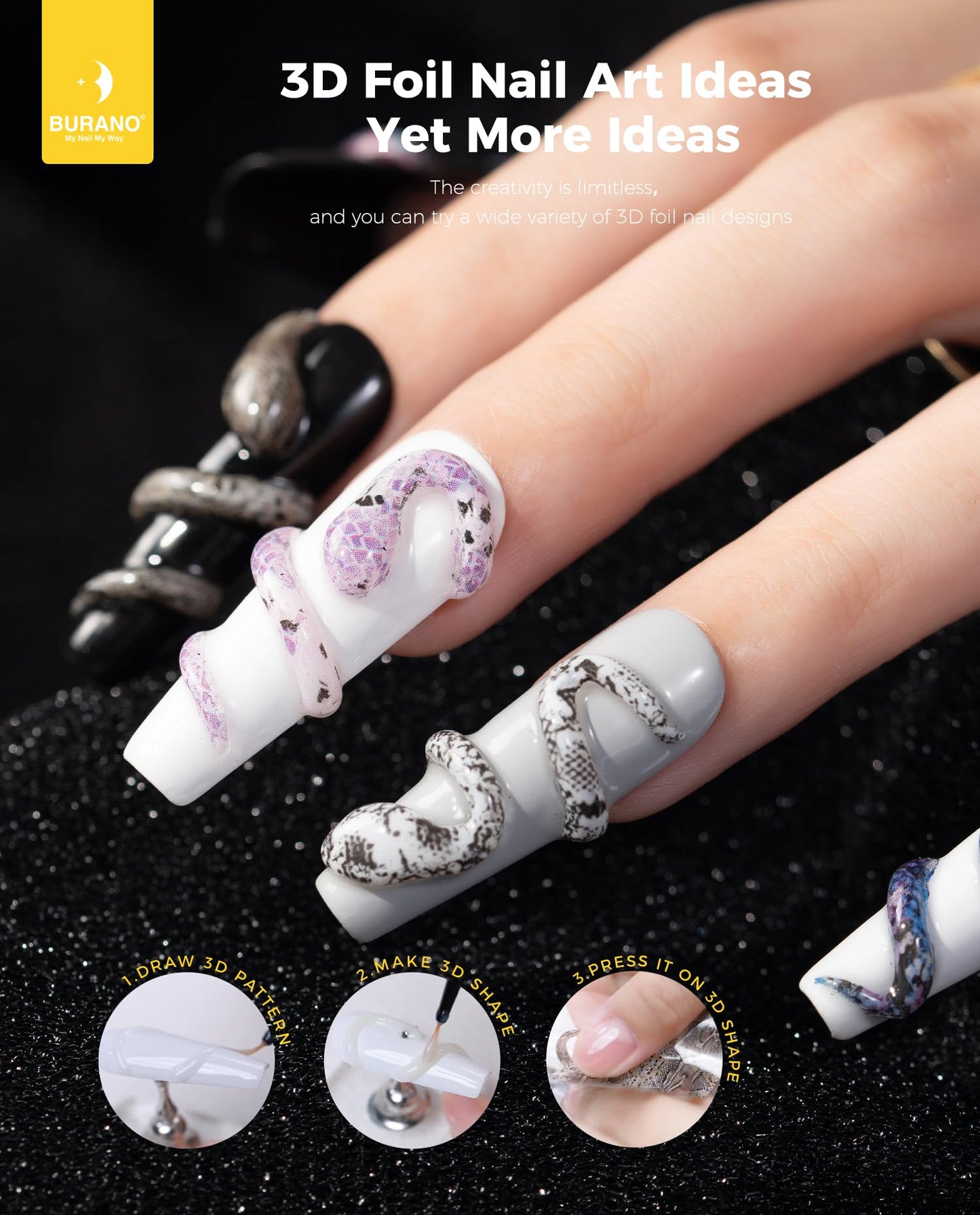 Close up of embossed 3D nail art created with Burano gel