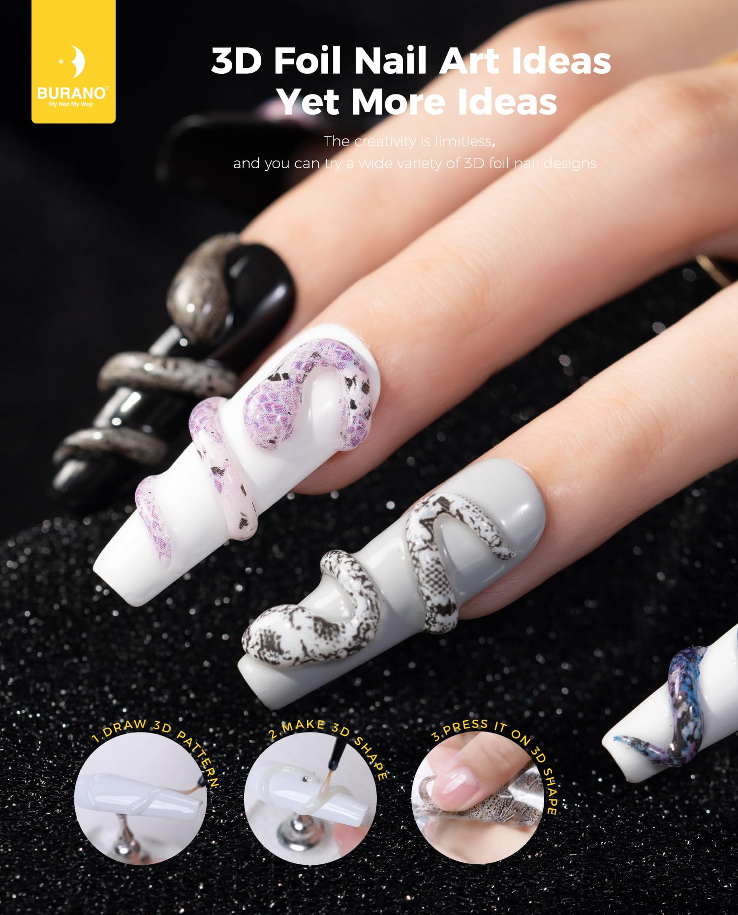 Close up of embossed 3D nail art created with Burano gel