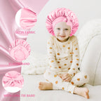 Toddler hair bonnet featuring the adjustable tie band detail close up