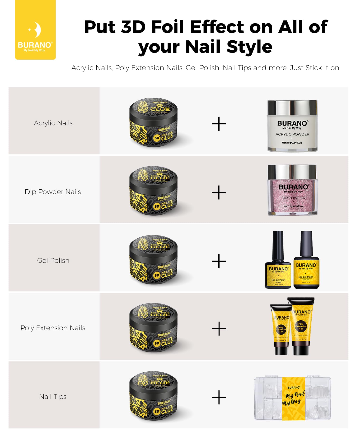Various nail foil designs using Burano transfer gel