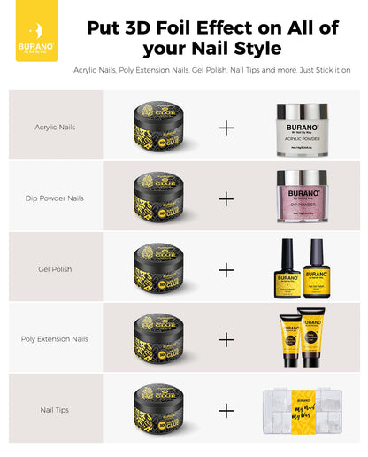 Various nail foil designs using Burano transfer gel