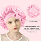 Child wearing the reversible silk satin hair bonnet for sleeping