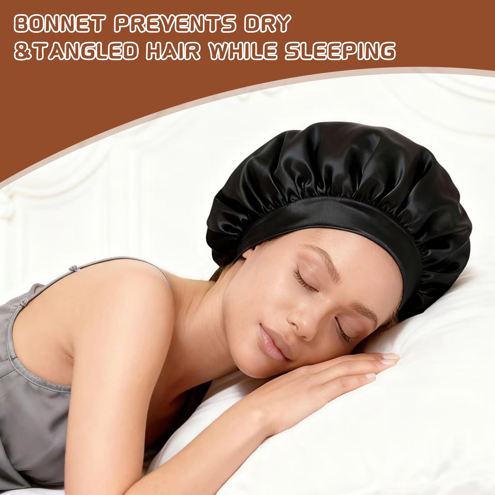 Two pieces of soft silk sleep caps for women showing the elastic band detail