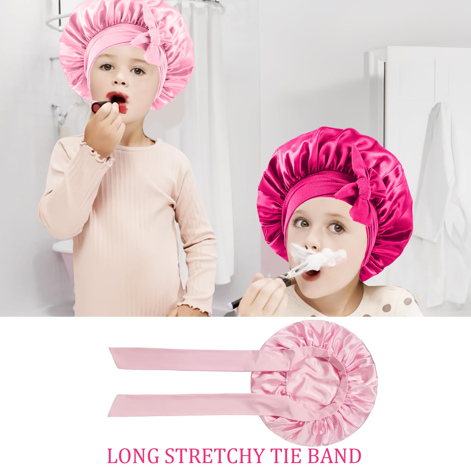 Authentic imported kids hair wrap package showing both included silk satin bonnets