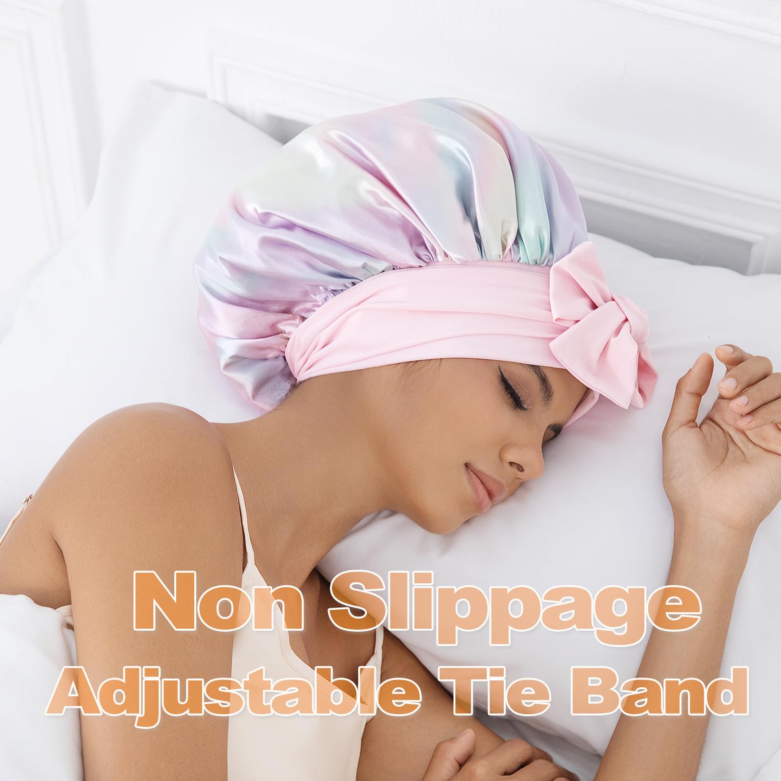 Premium silk alternative night sleep cap on female model