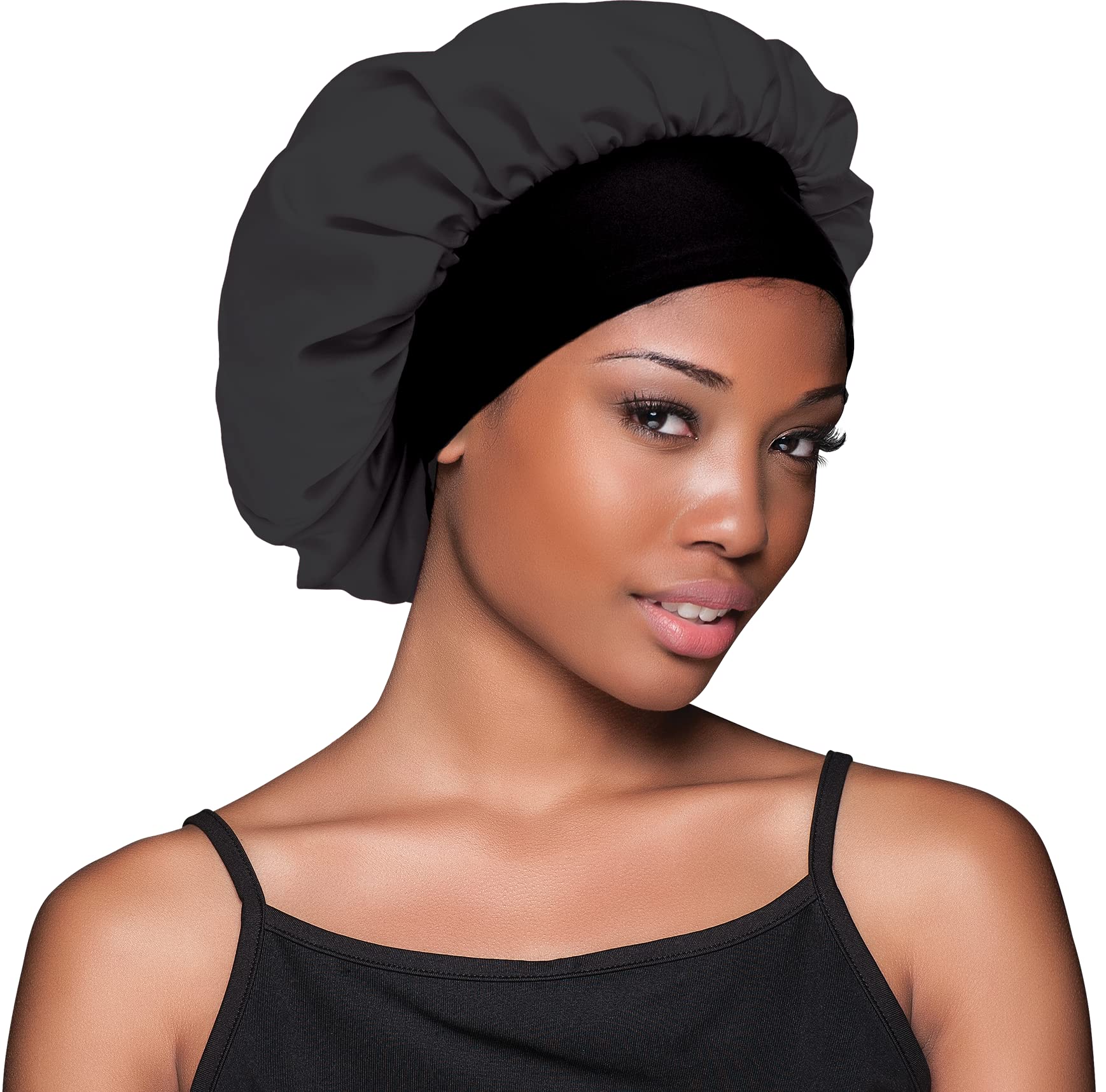 Evolve Satin Wide Edge Bonnet Black side angle detailing the large fit fabric volume