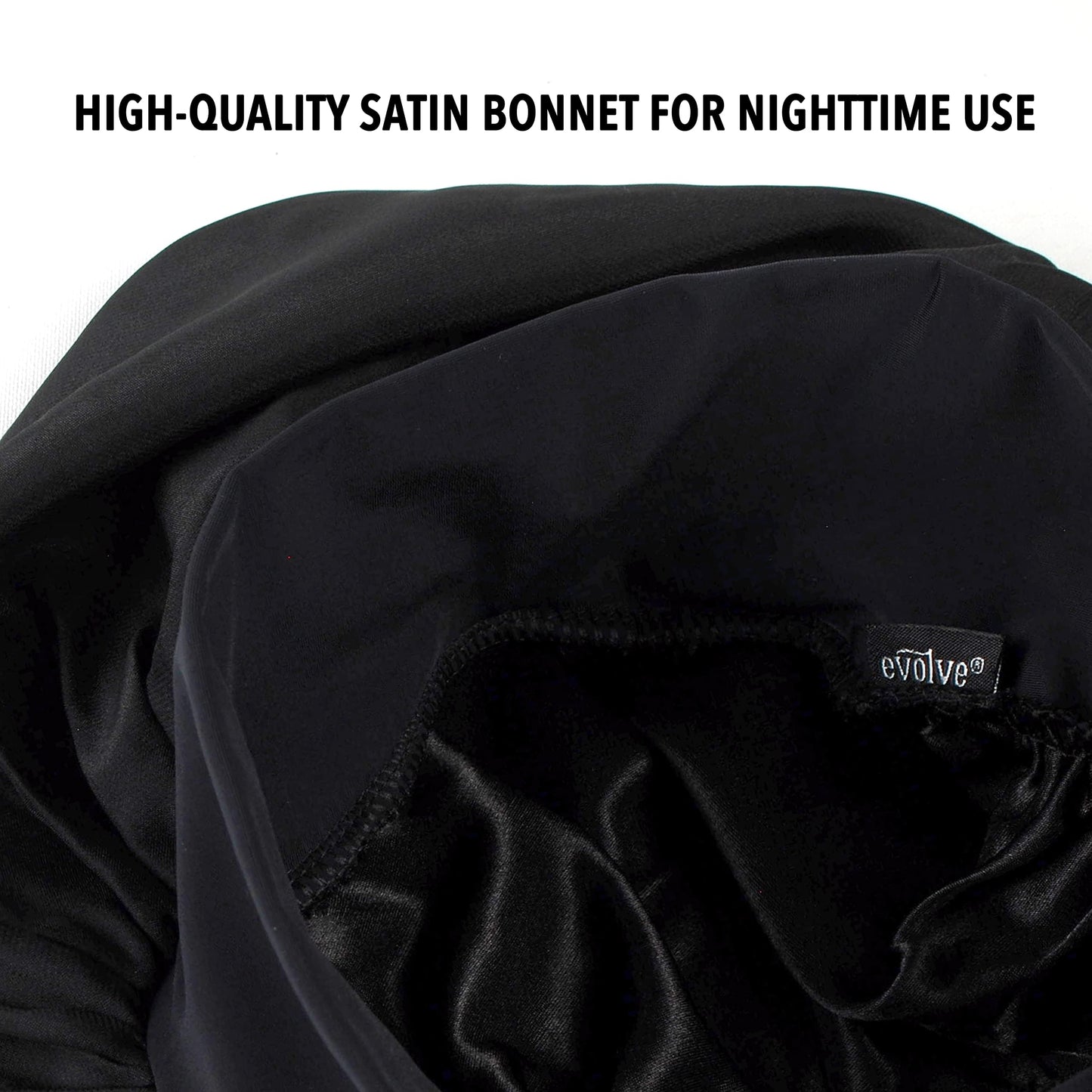 Evolve Satin Wide Edge Bonnet Black back view showing the secure stitching and comfort fit
