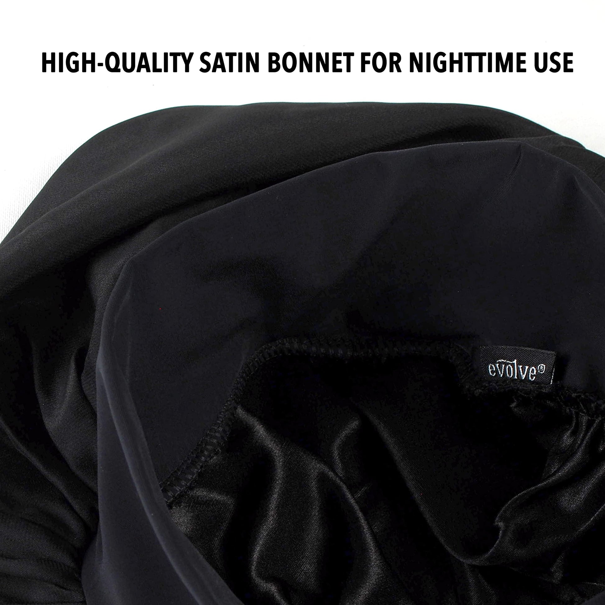 Evolve Satin Wide Edge Bonnet Black back view showing the secure stitching and comfort fit