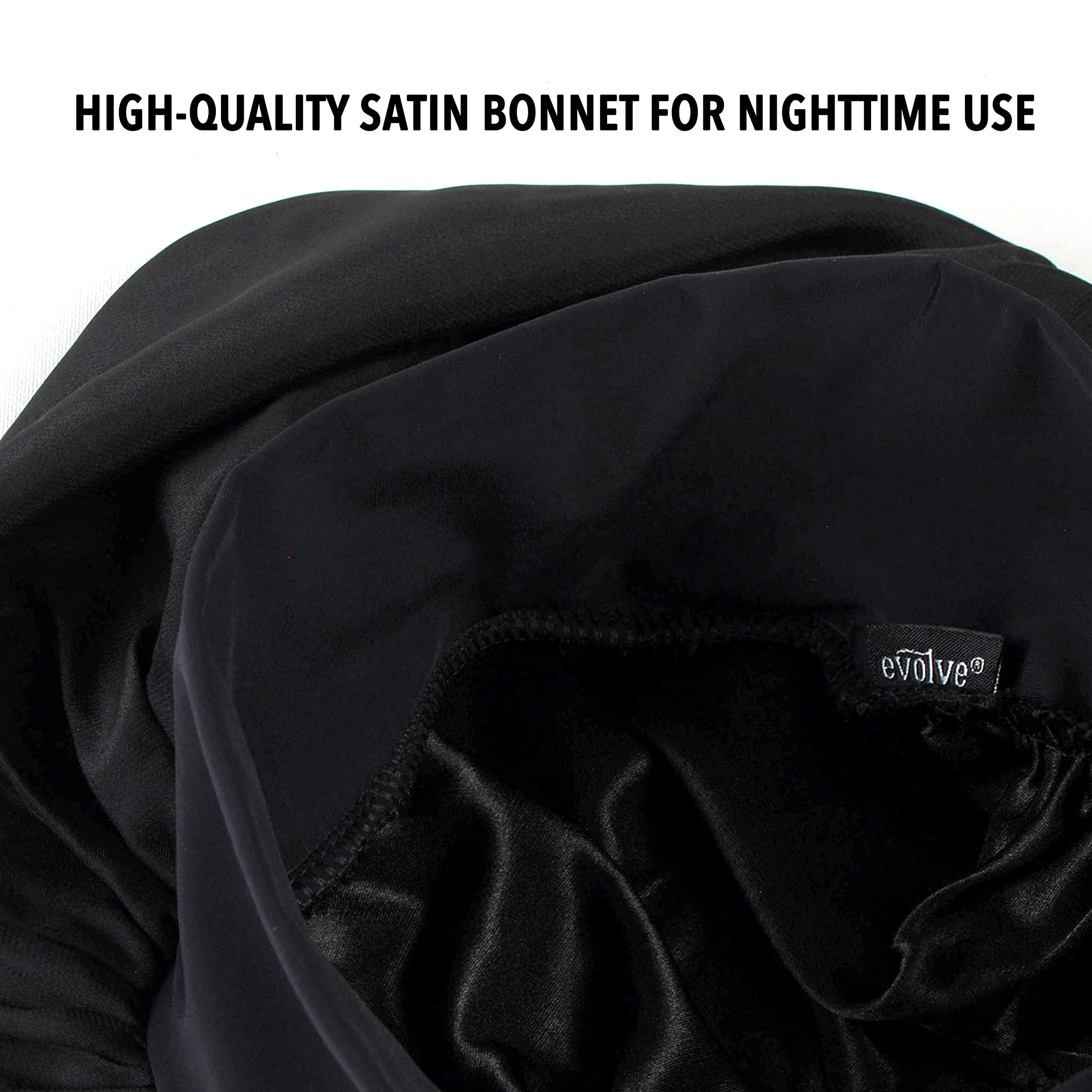 Evolve Satin Wide Edge Bonnet Black back view showing the secure stitching and comfort fit