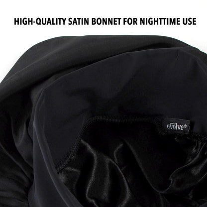 Evolve Satin Wide Edge Bonnet Black back view showing the secure stitching and comfort fit