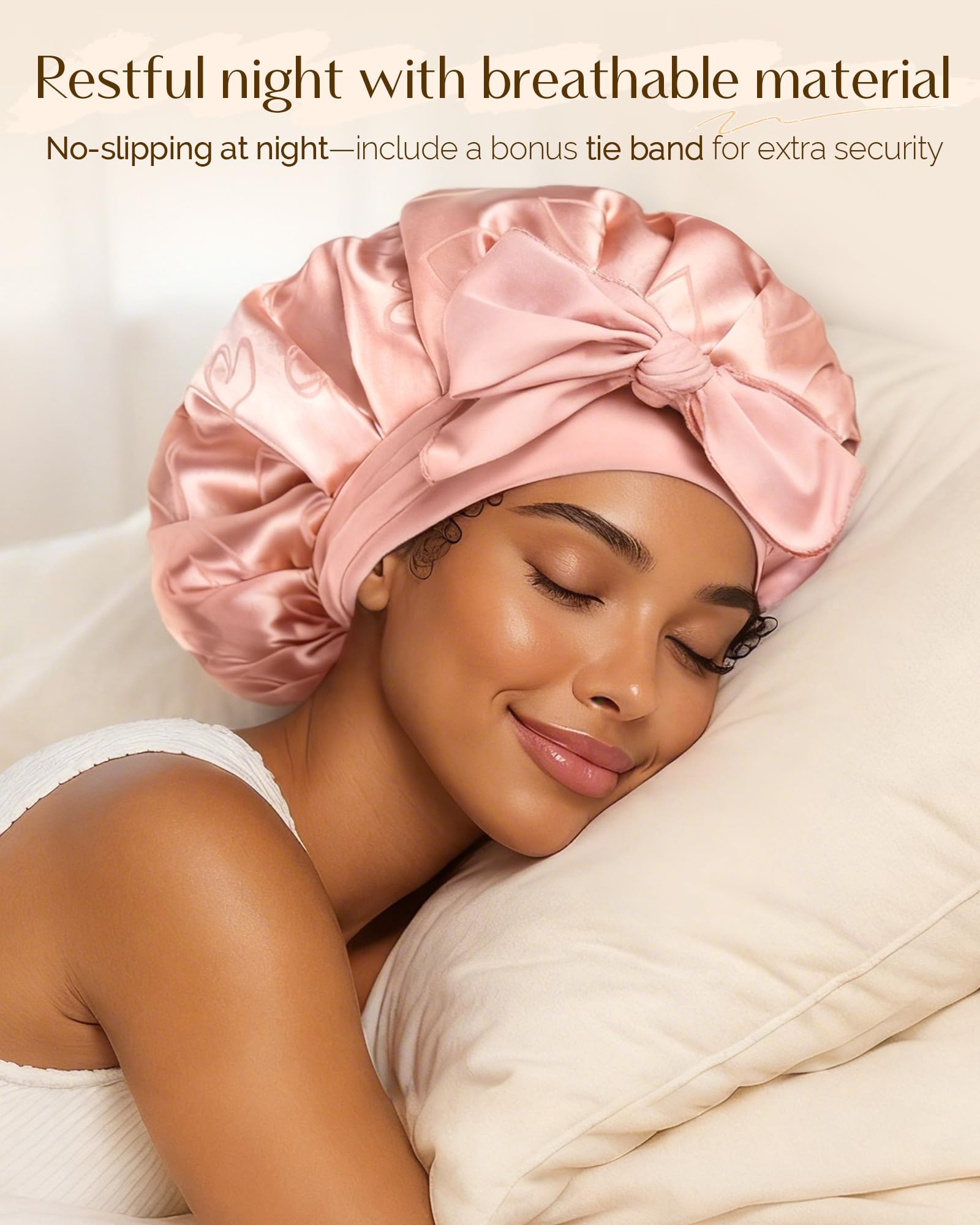 YANIBEST hair cap for curly natural hair demonstrating the adjustable bow knot design.