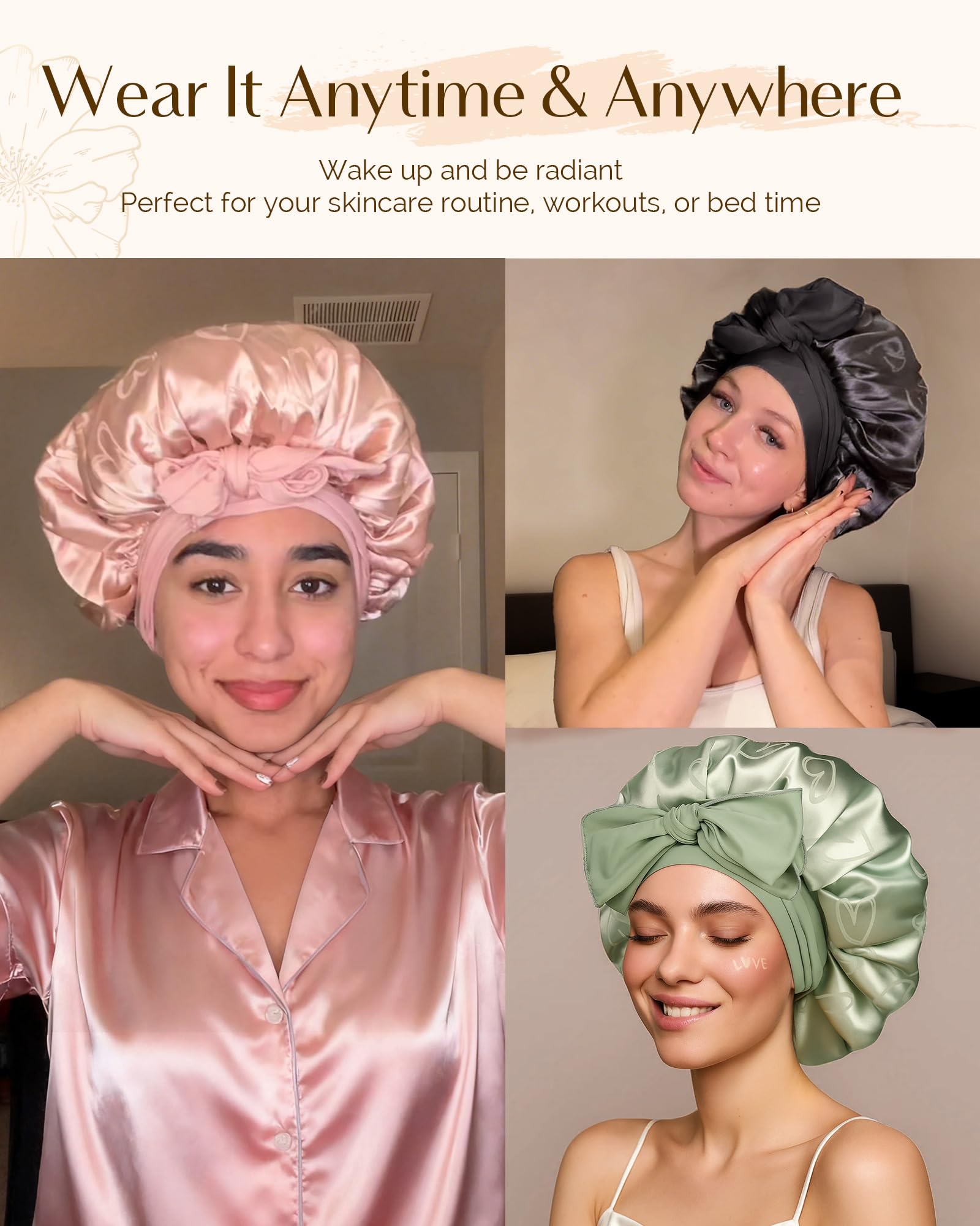 Premium butter satin sleep cap for women displayed from a side angle highlighting the spacious hair volume.
