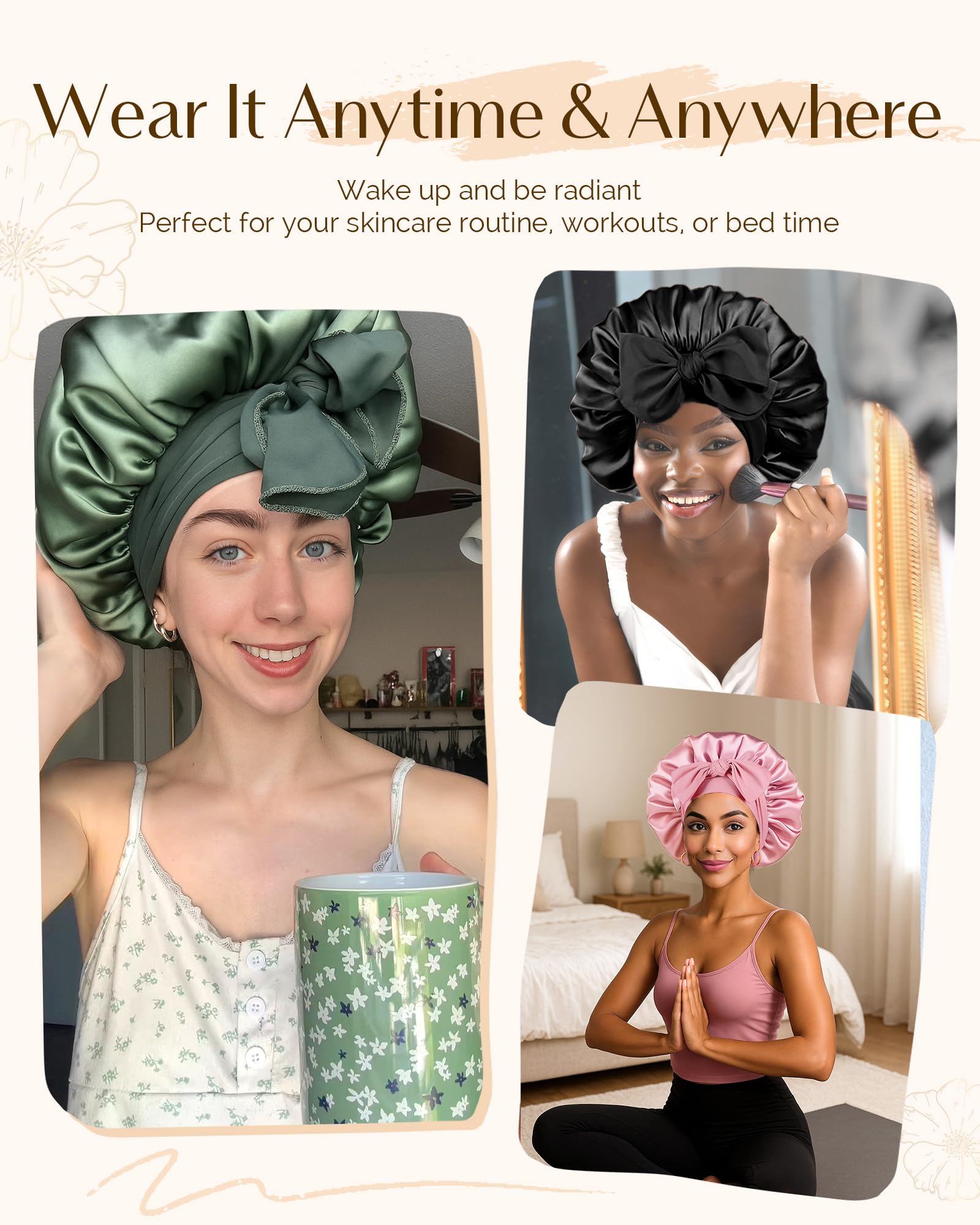Yanibest double layer hair bonnet showcasing the reversible inner and outer satin fabric layers.