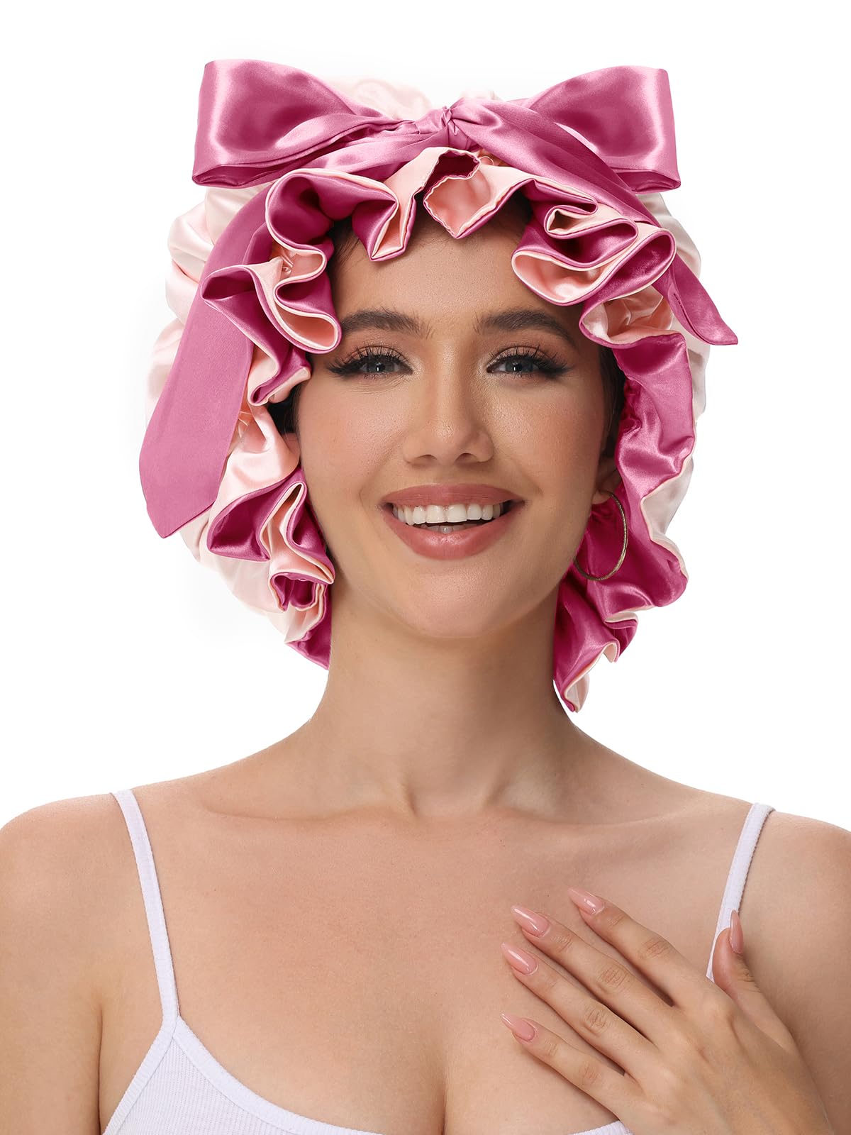Vettres pink satin sleep wrap showing adjustable straps functionality