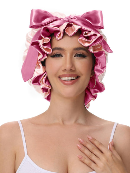 Vettres pink satin sleep wrap showing adjustable straps functionality