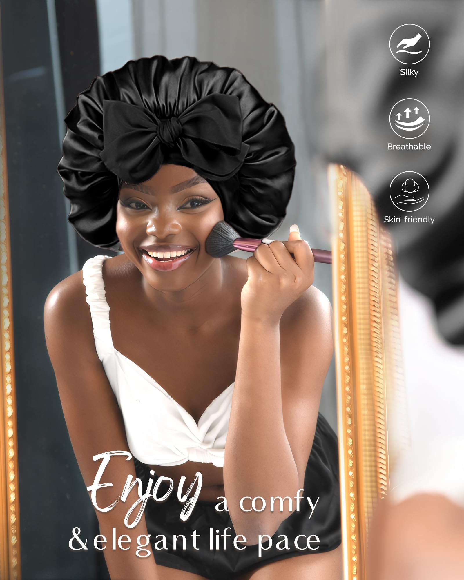 Yanibest adjustable silk bonnet flat lay view displaying the complete dimensions of the cap.