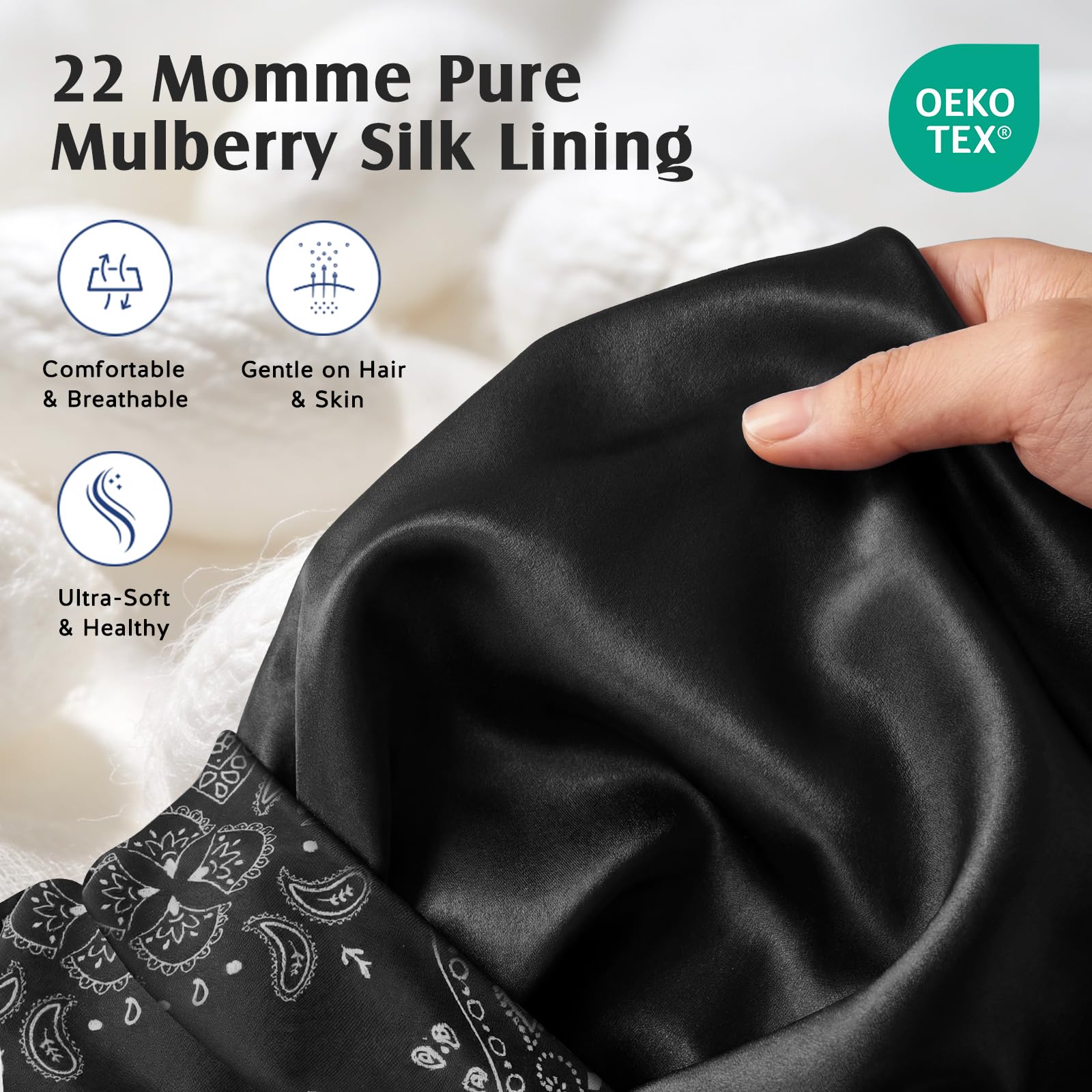 YFONG silk lined sleeping cap interior showcasing the genuine twenty-two momme mulberry silk lining