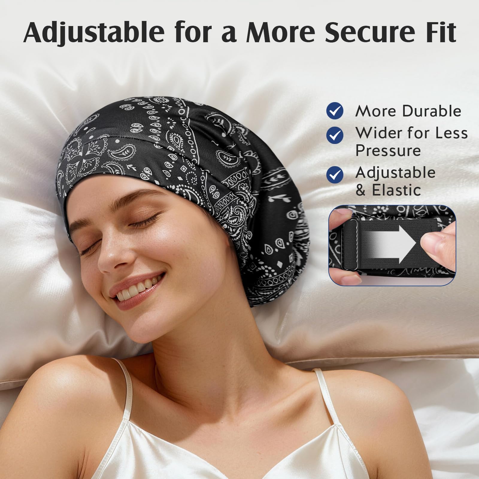 YFONG pure silk sleep wrap worn by a person with curly hair to show secure fit