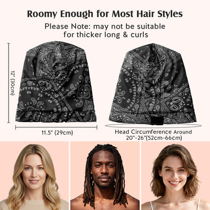 YFONG black paisley slouchy turban being styled for daytime casual wear