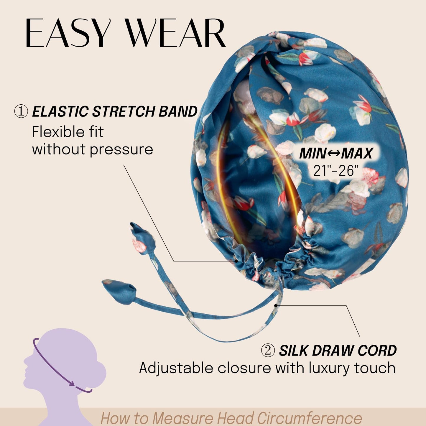 Anti frizz real silk hair care bonnet showing the comfortable inner lining
