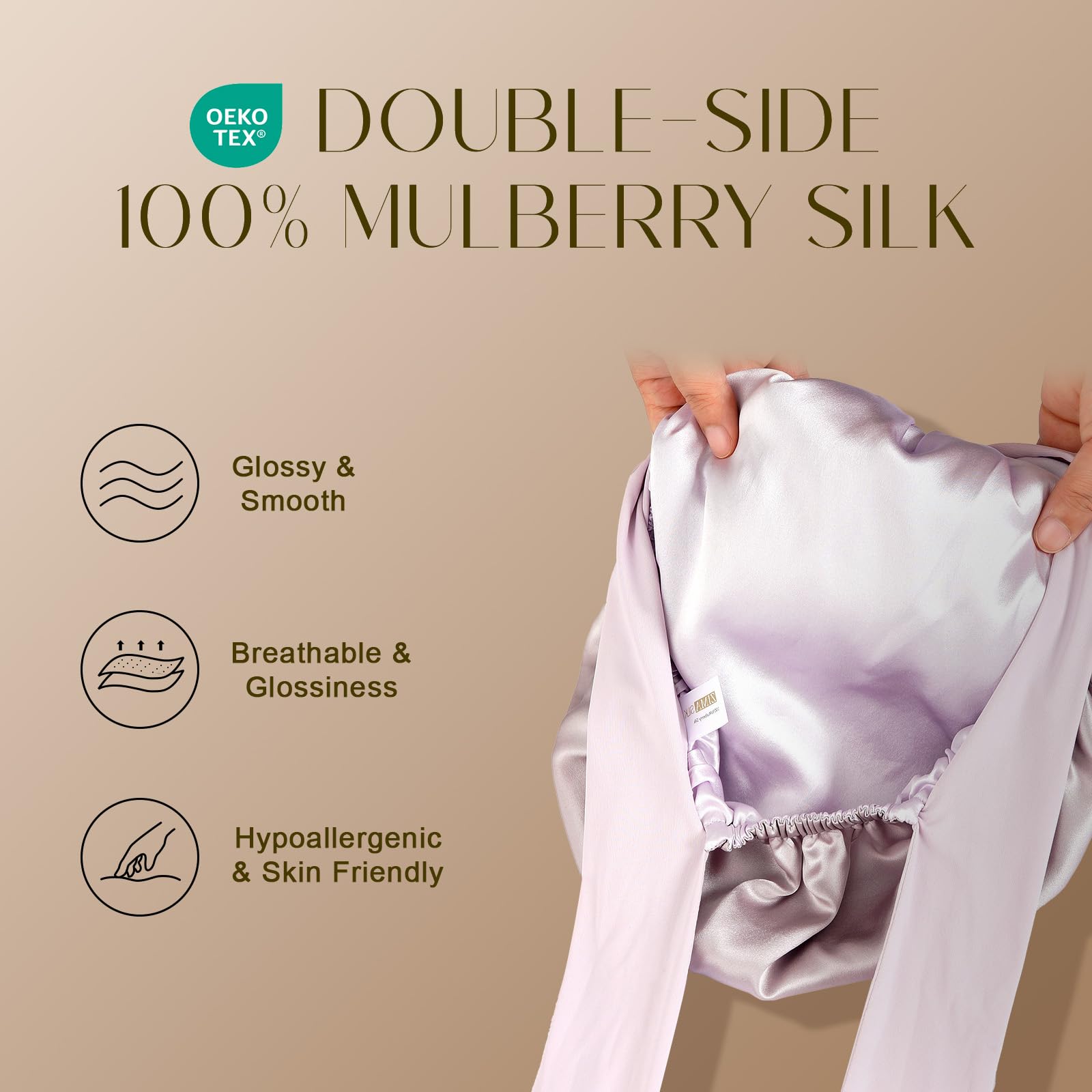 Double layer 100 percent pure silk night cap with adjustable tie band