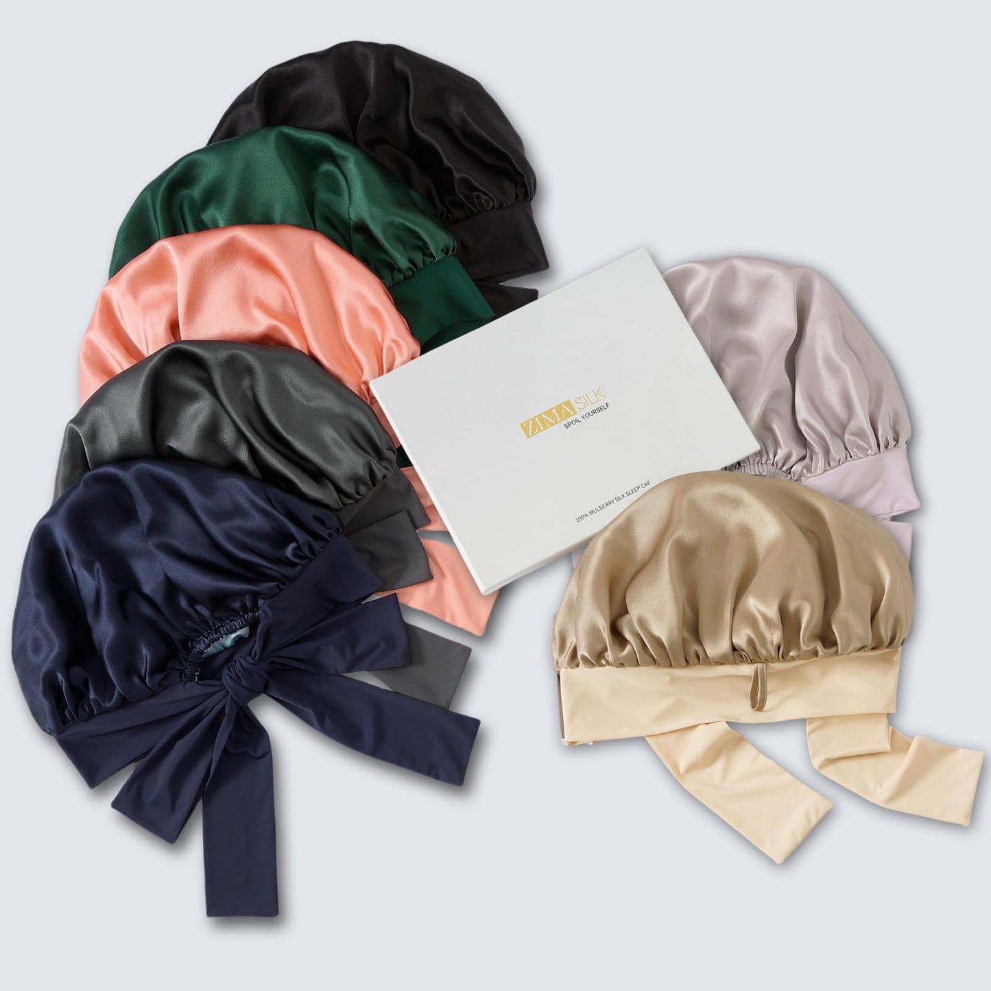 Premium silk beauty bonnet packaging showcasing the genuine ZIMASILK product