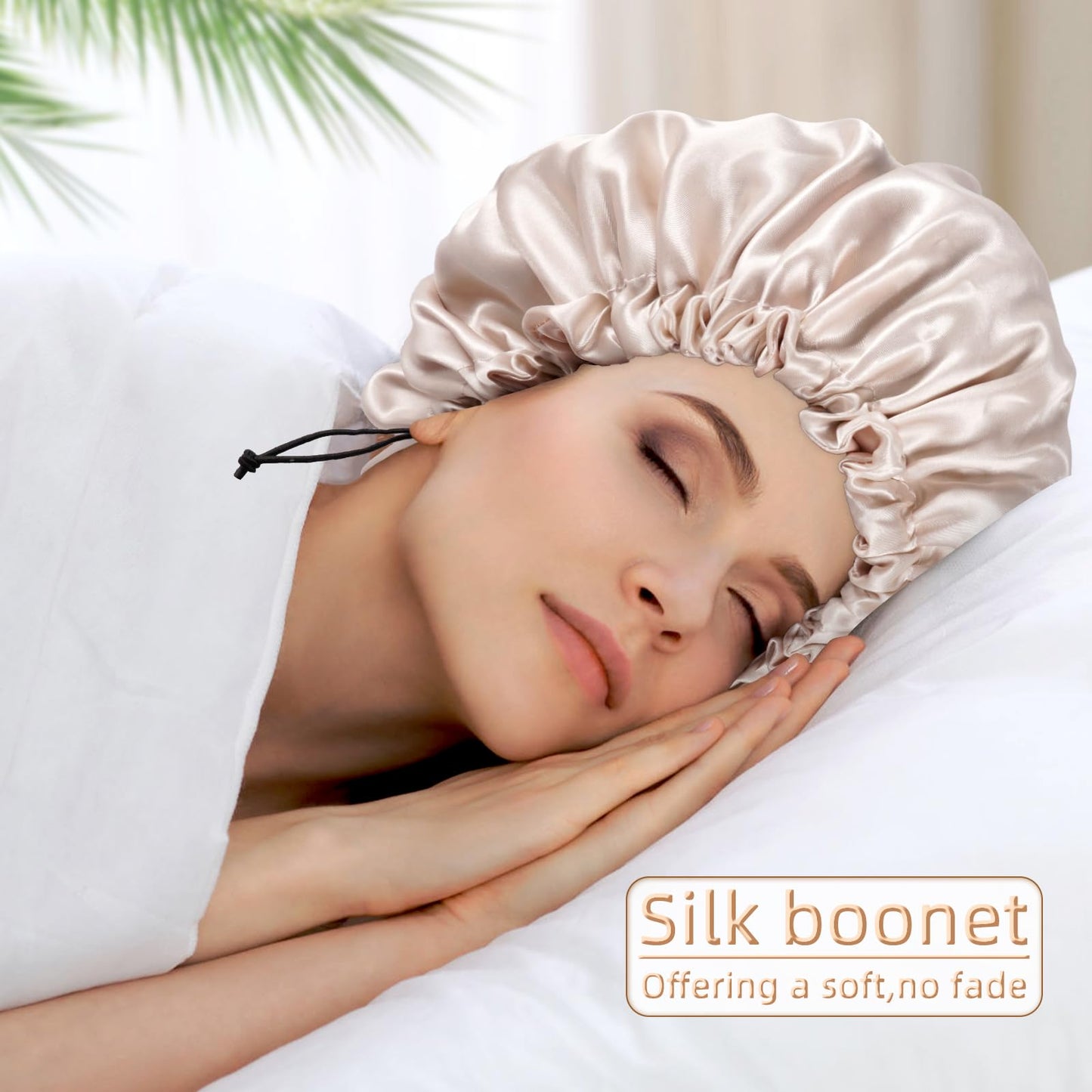 Champagne colored sleeping cap showing the adjustable drawstring closure mechanism