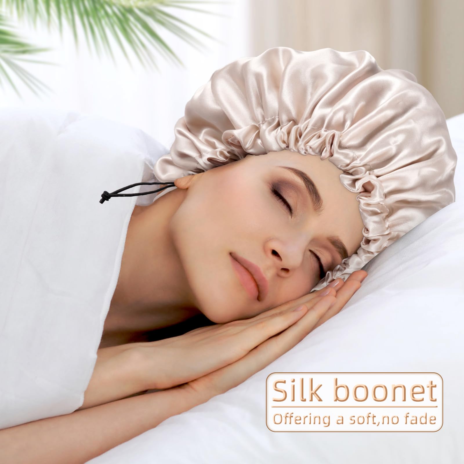 Champagne colored sleeping cap showing the adjustable drawstring closure mechanism