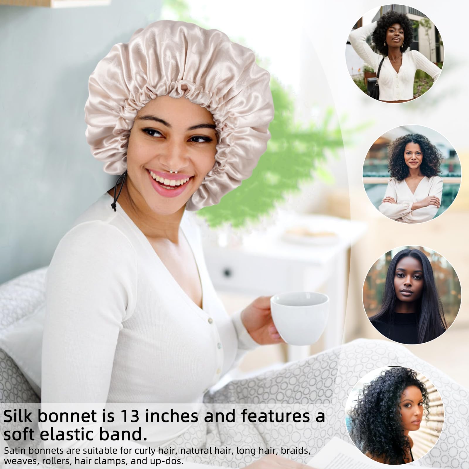 Large capacity satin bonnet designed for long braids and thick curls