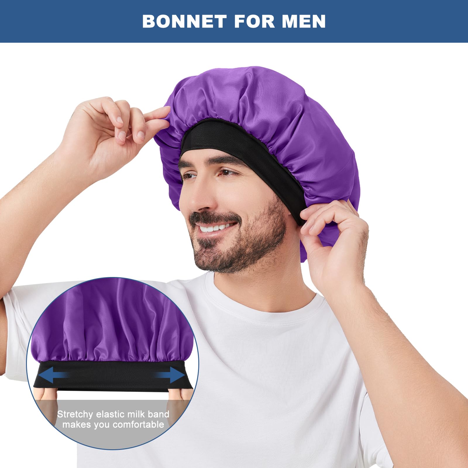 Three pieces pack of premium satin sleeping caps for men and women on white background.