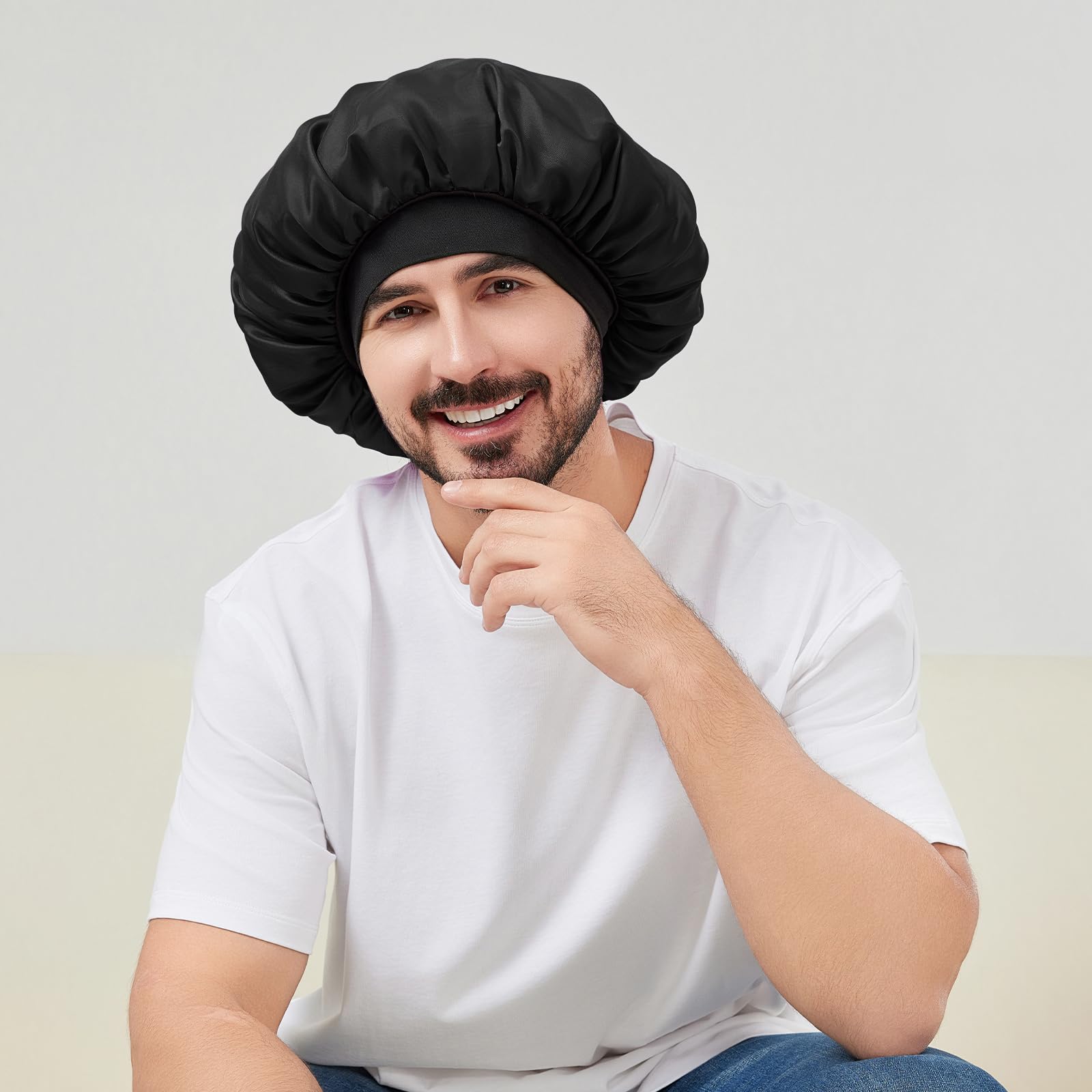 Comfortable elastic headband design on the Selalu satin hair bonnet for sleeping.