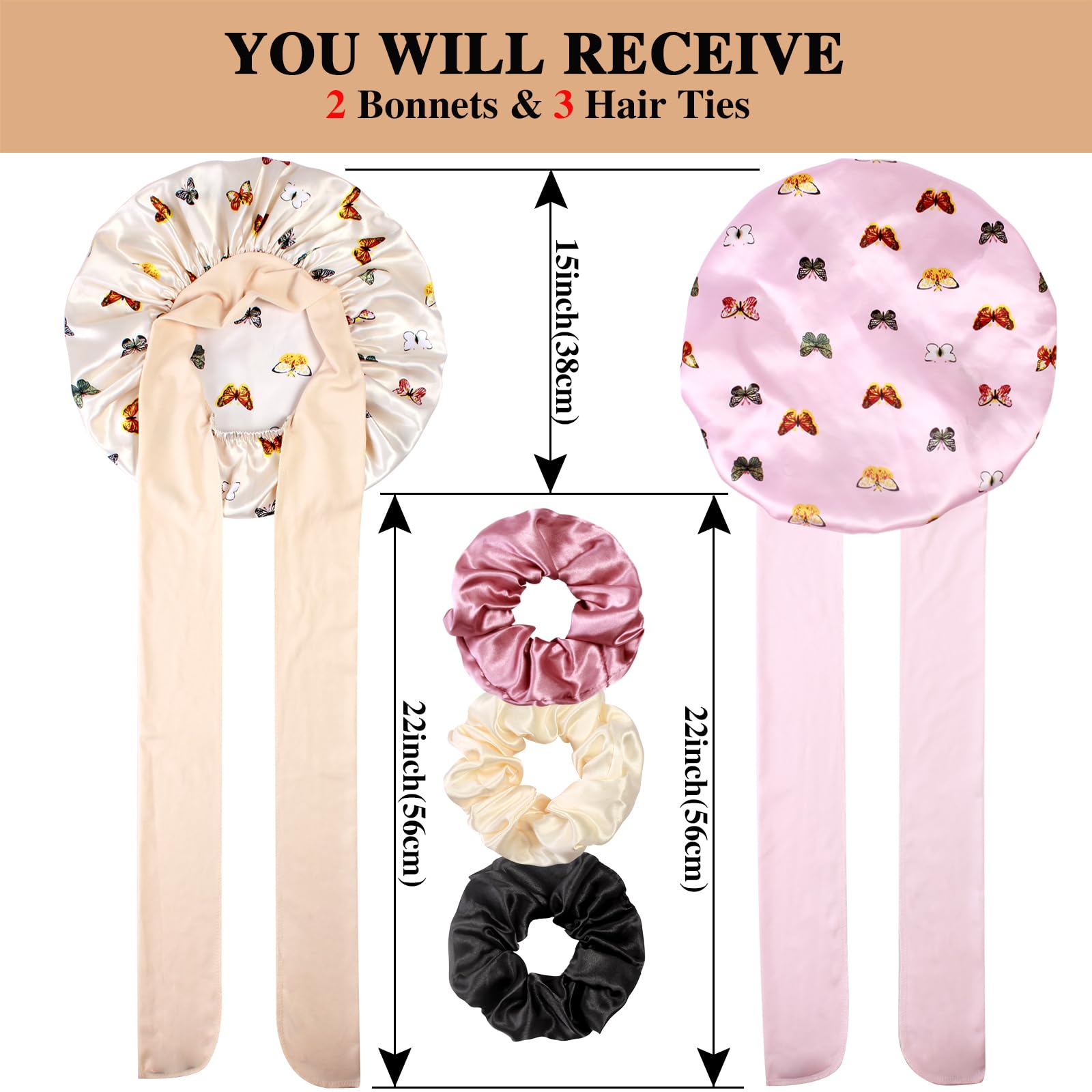 Adjustable tie band design on premium butterfly pattern satin sleeping cap for women