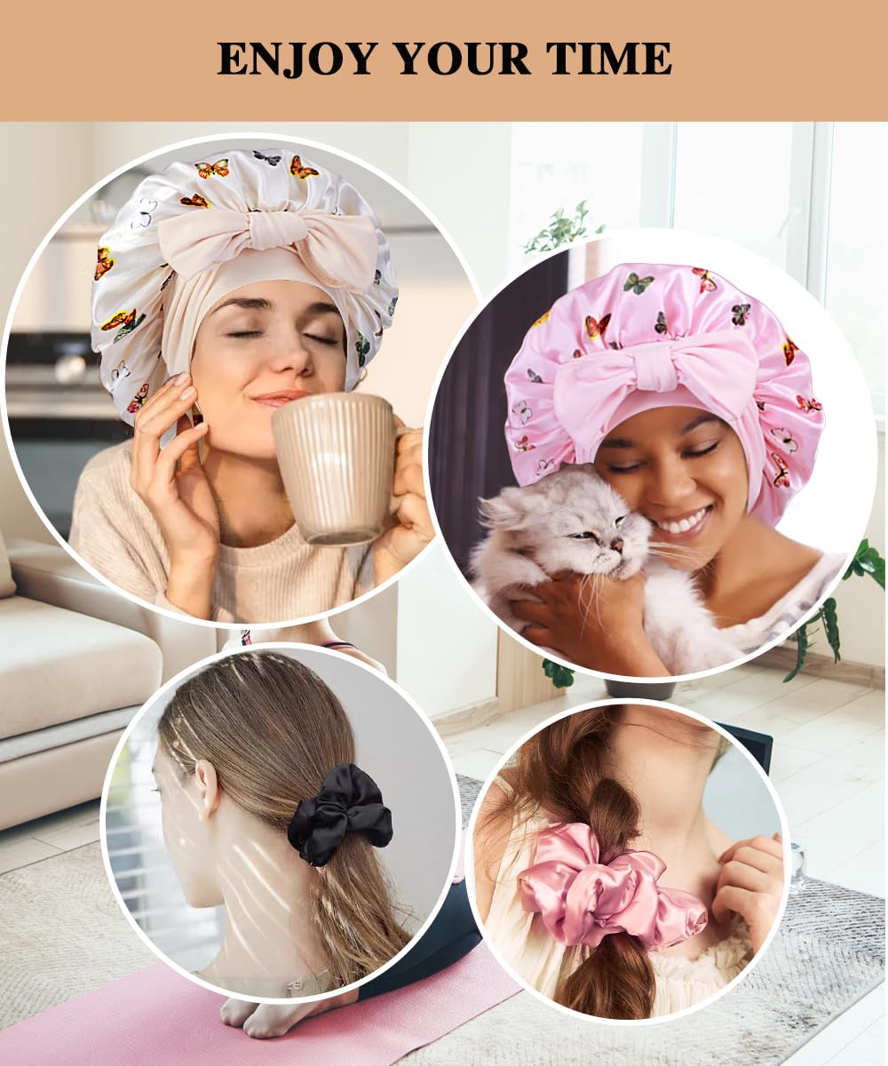 Three pieces of pink and white satin hair scrunchies alongside anti frizz sleeping bonnets