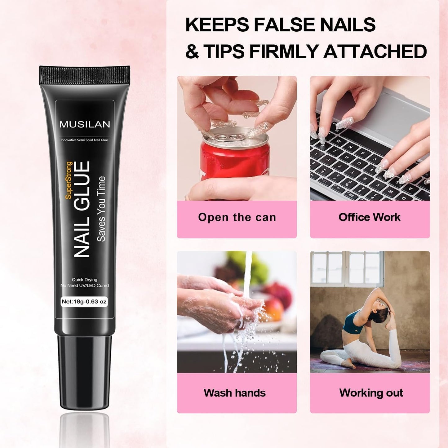 Musilan semi solid glue texture on professional nail tips