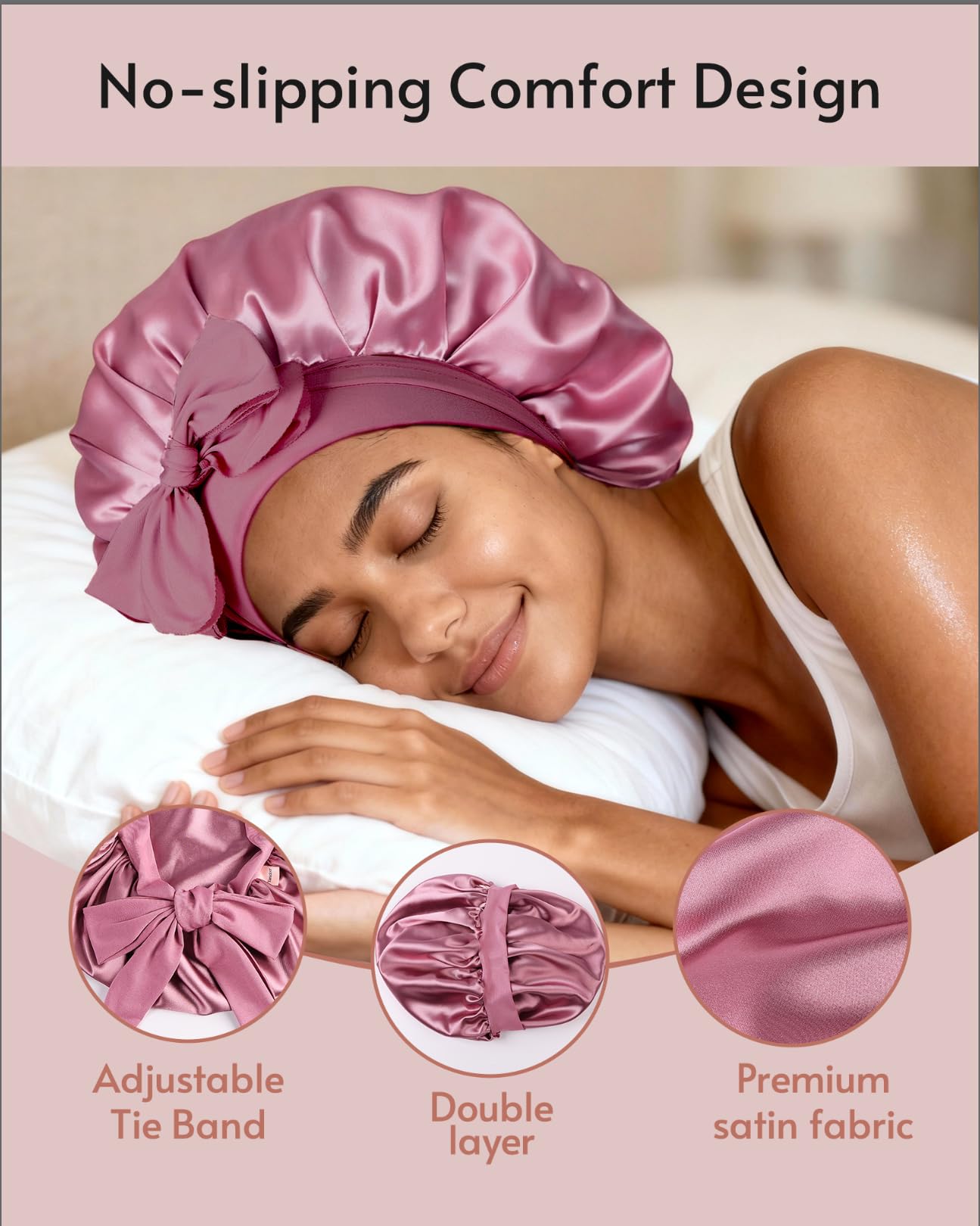 Yanideer classic black silk hair bonnet for sleeping illustrating the secure elastic band for long natural hair