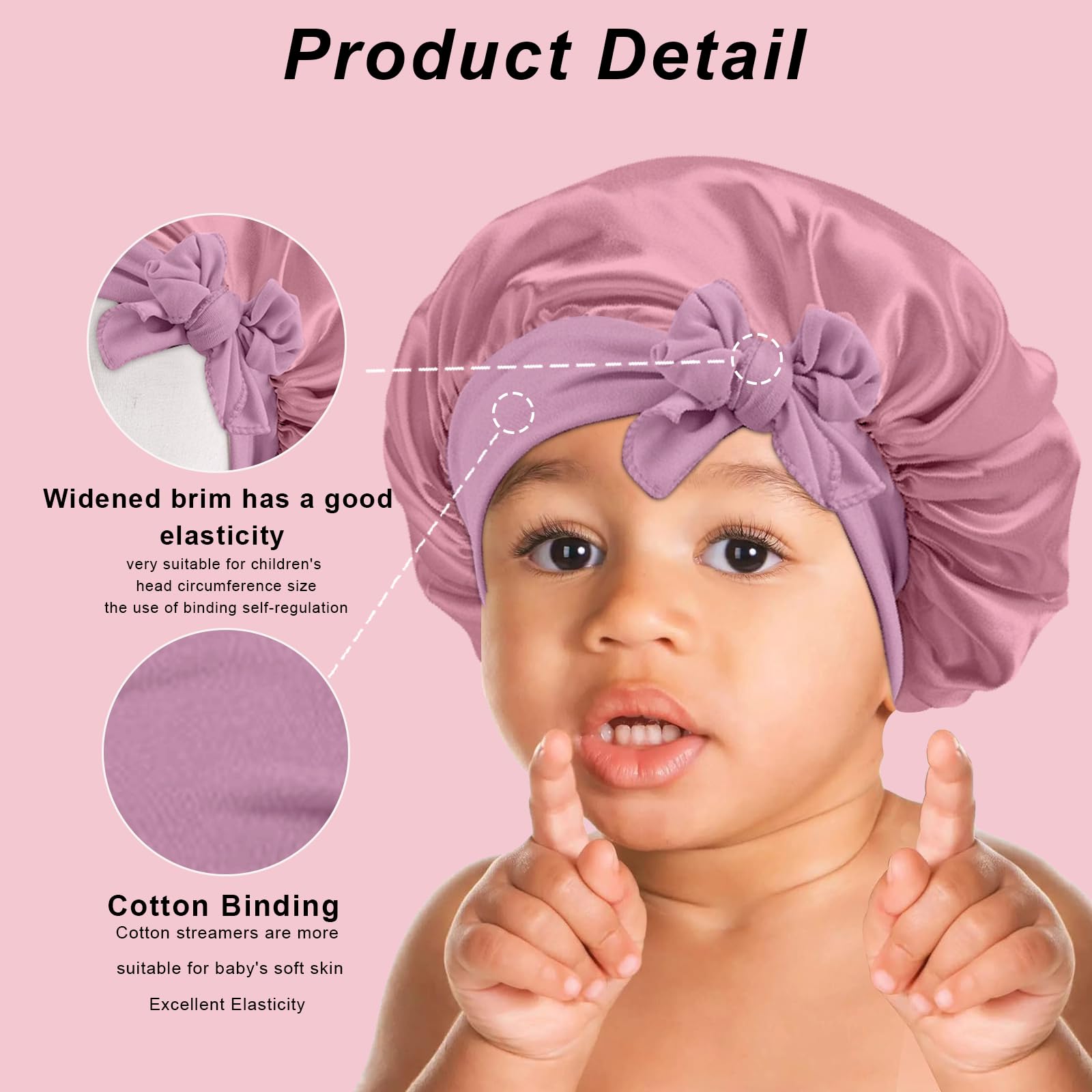 Adjustable wide elastic band detail on kids satin sleep bonnet
