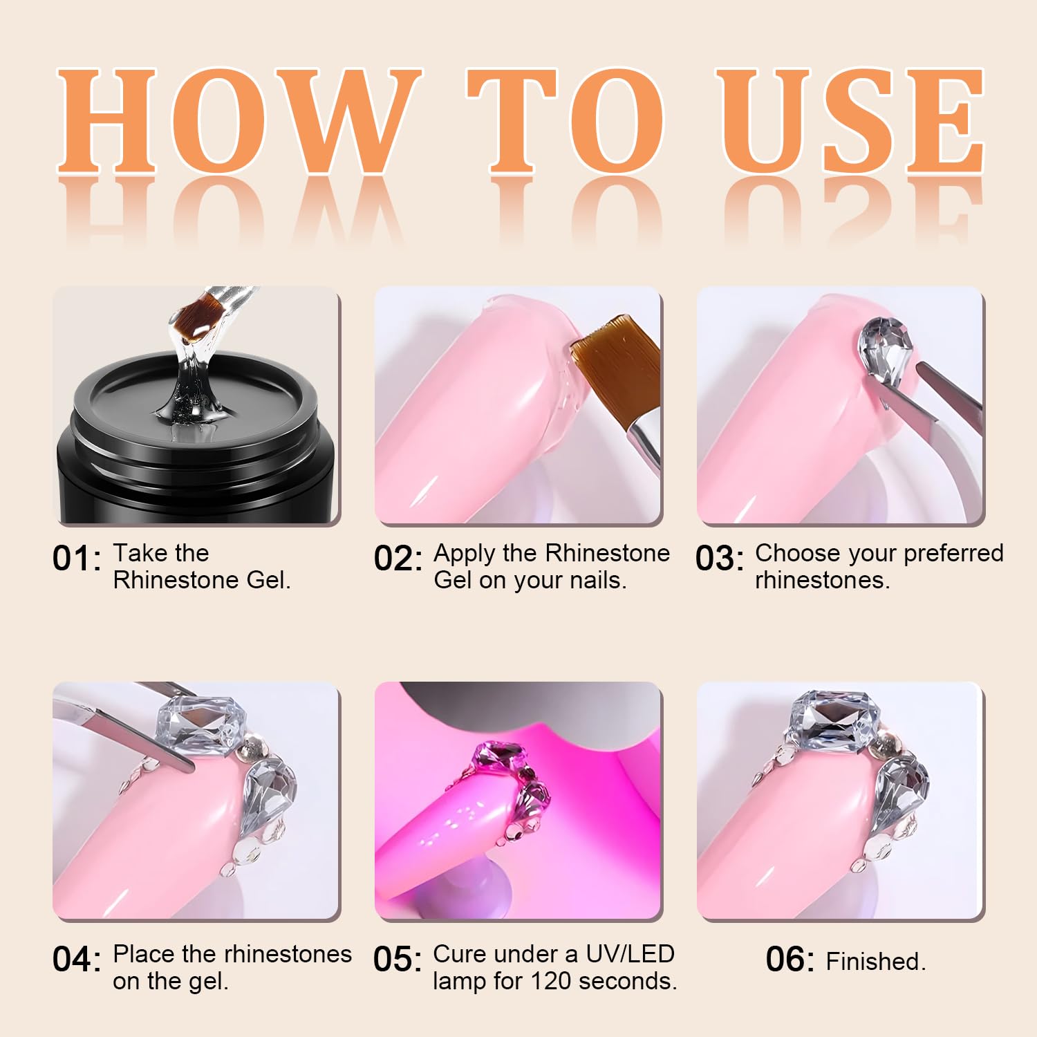 Professional nail art rhinestones bonded with Vege Sister gel
