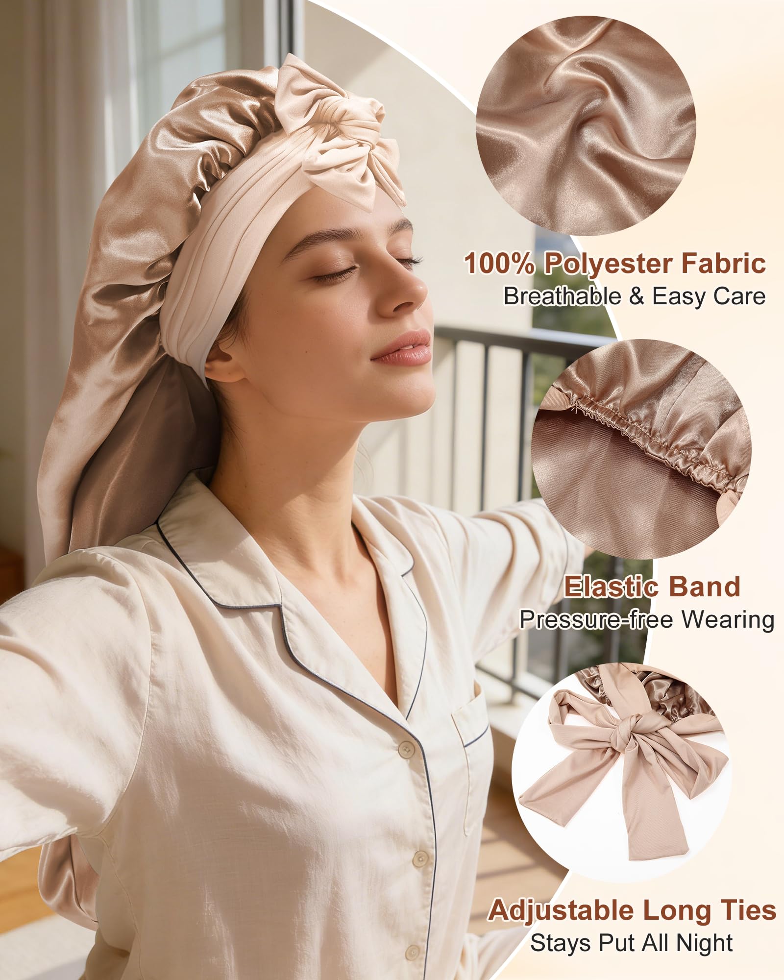Side view of AWAYTR double layer silk sleeping cap showcasing long length for braids